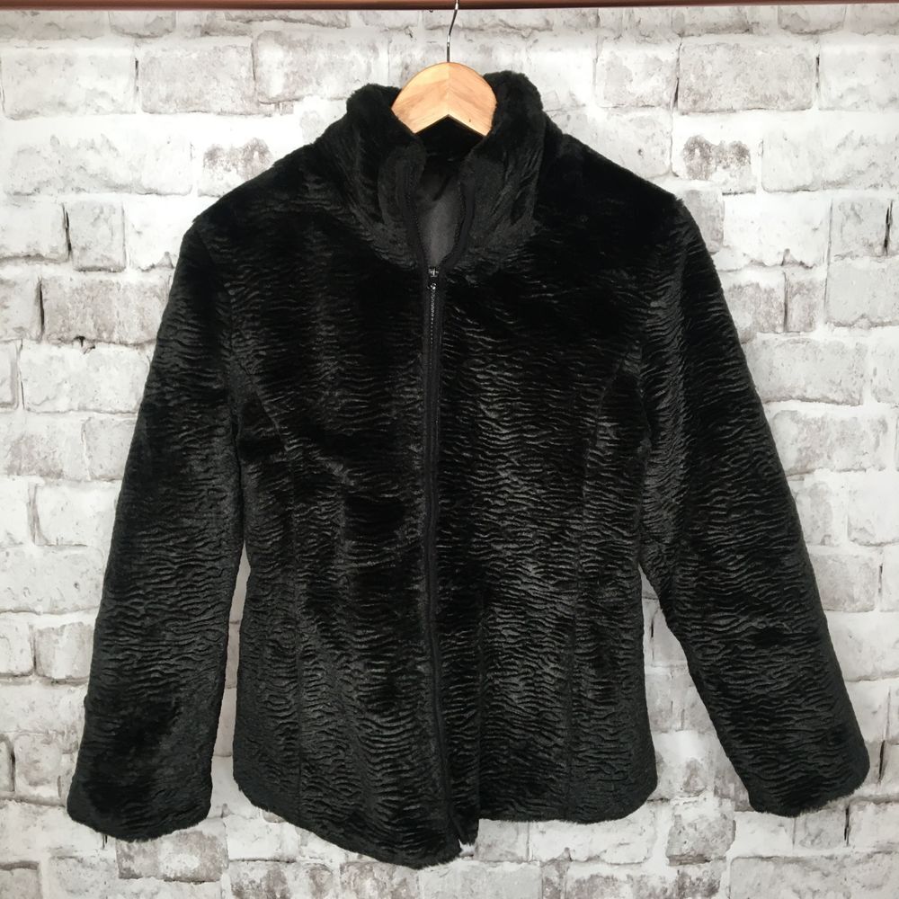 IZ Byer Girl's Coat Jacket Dressy Winter Reversible Zip Black Satin Faux Fur